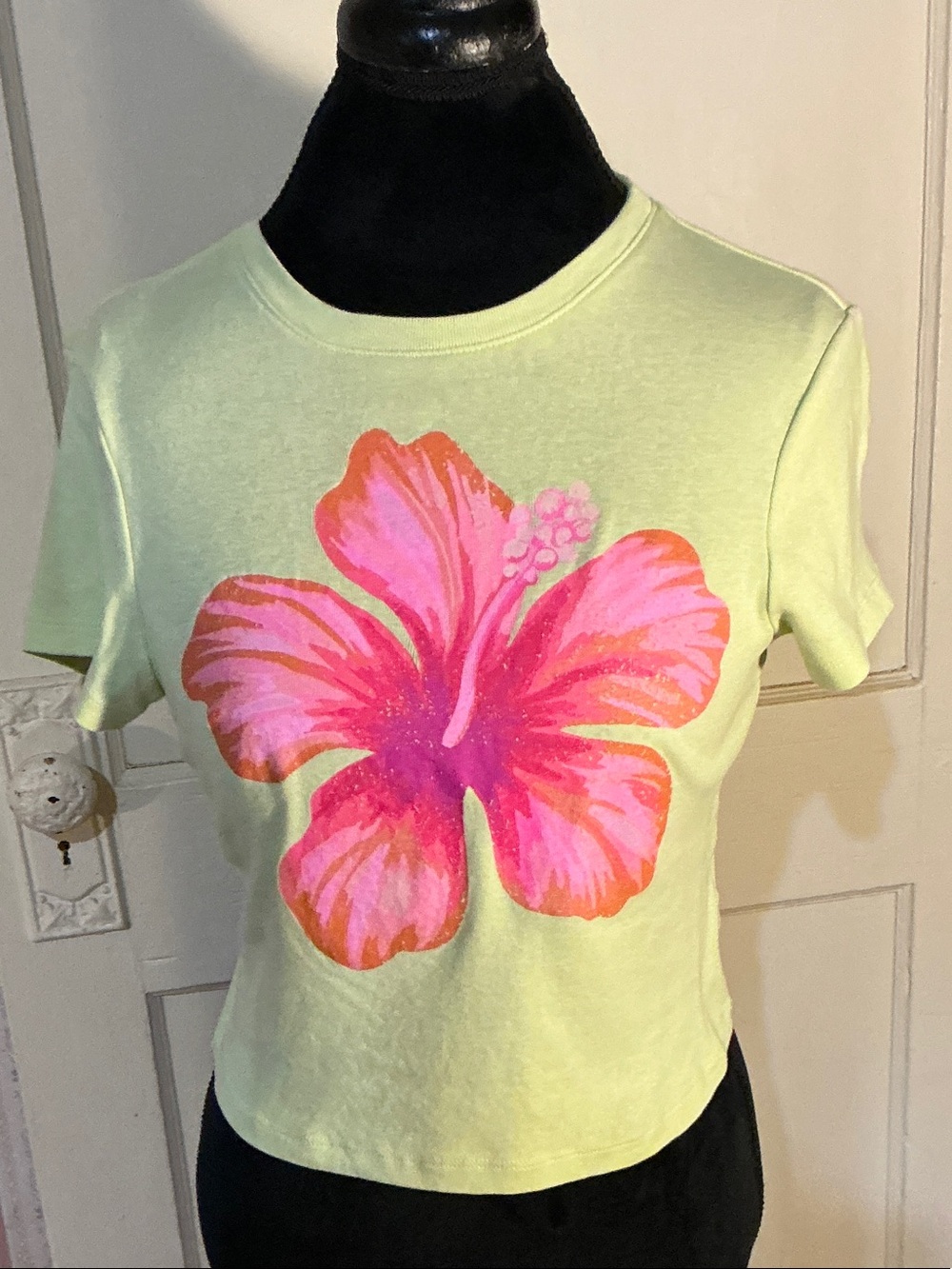 No Boundaries Lime Green Crop Tee with Pink Hibiscus Graphic